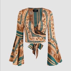 NWT Cider Geo Print Floral Crop Blouse w/ Bell Sleeves sz. L